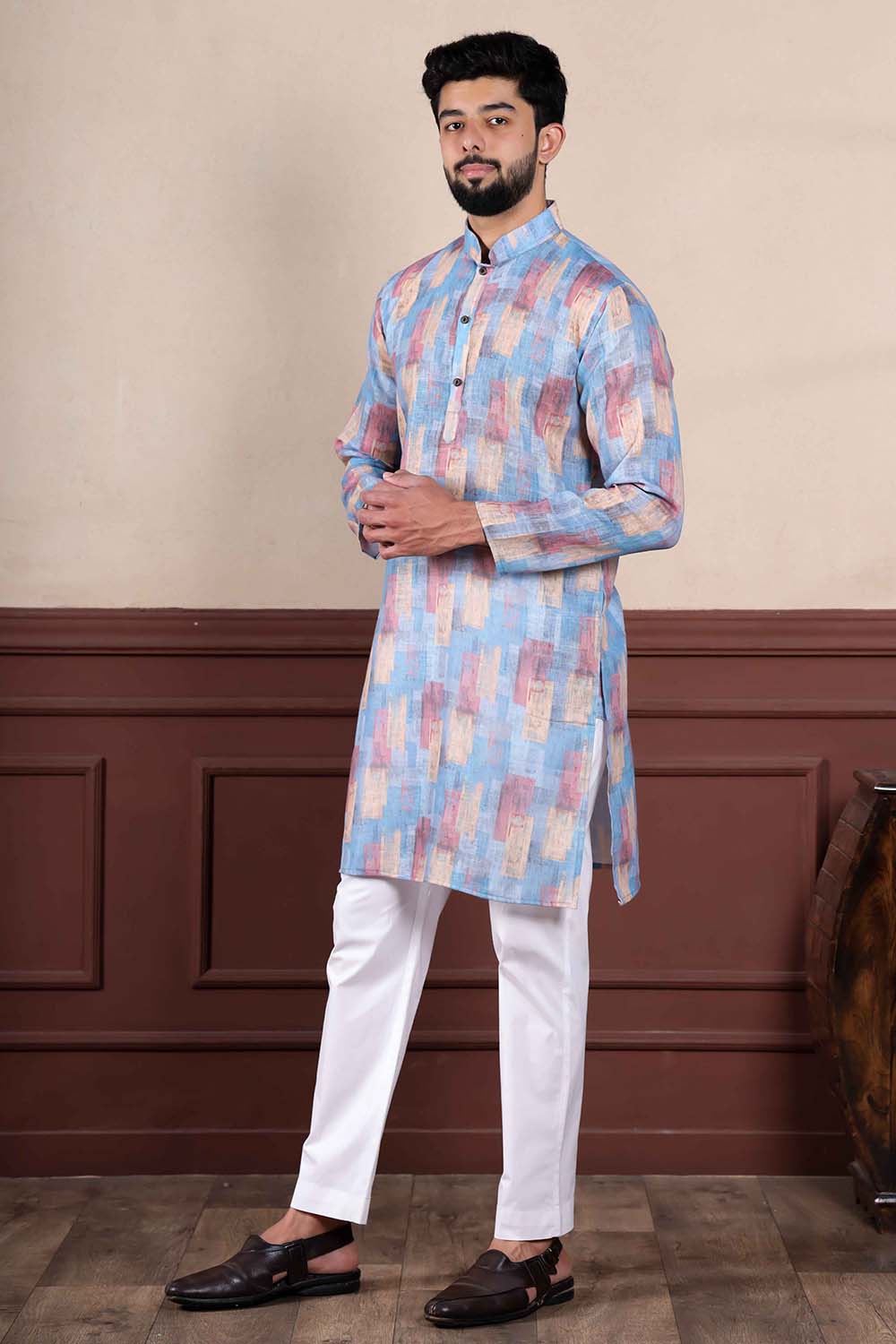 Blue Printed Linen Men's Kurta Set