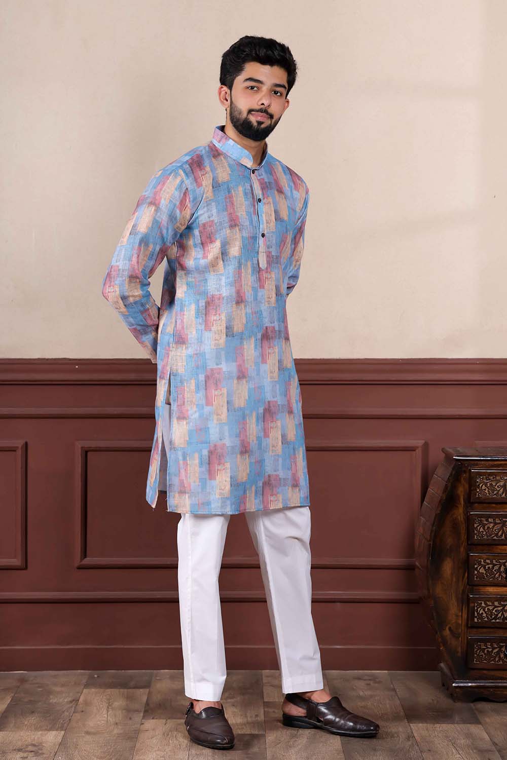 Blue Printed Linen Men's Kurta Set