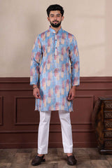 Blue Printed Linen Men's Kurta Set