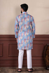 Blue Printed Linen Men's Kurta Set