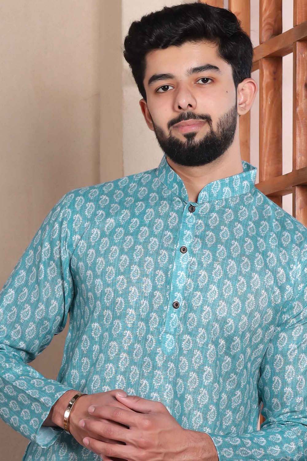 Blue Printed Linen Men's Kurta Set