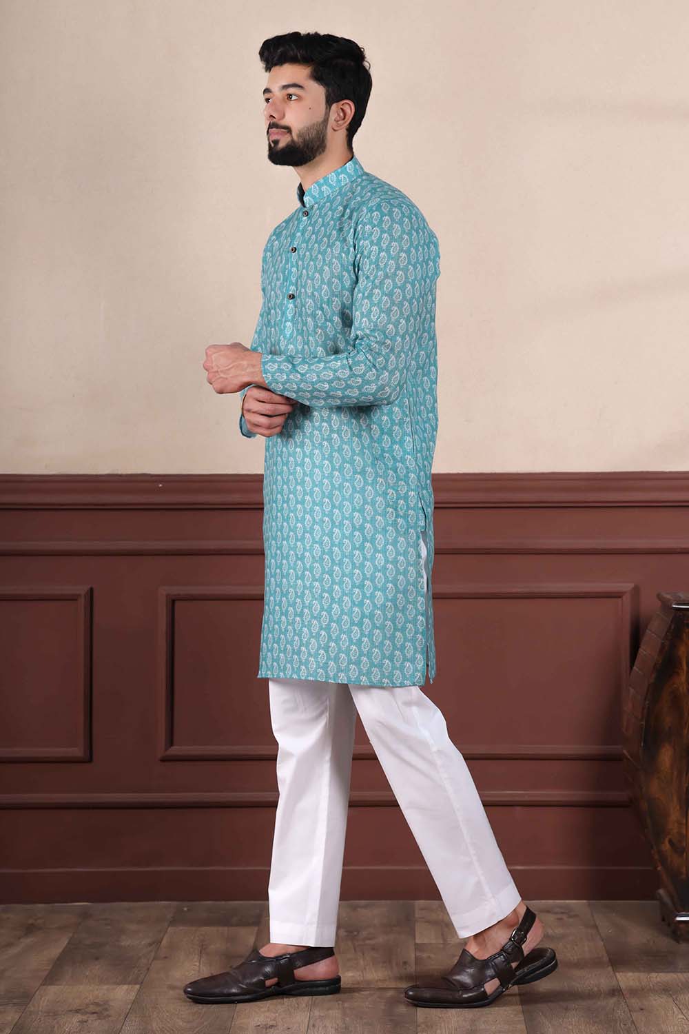 Blue Printed Linen Men's Kurta Set