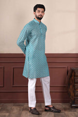 Blue Printed Linen Men's Kurta Set