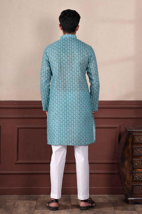 Blue Printed Linen Men's Kurta Set