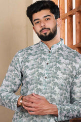 Green Printed Linen Men's Kurta Set