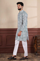 Green Printed Linen Men's Kurta Set