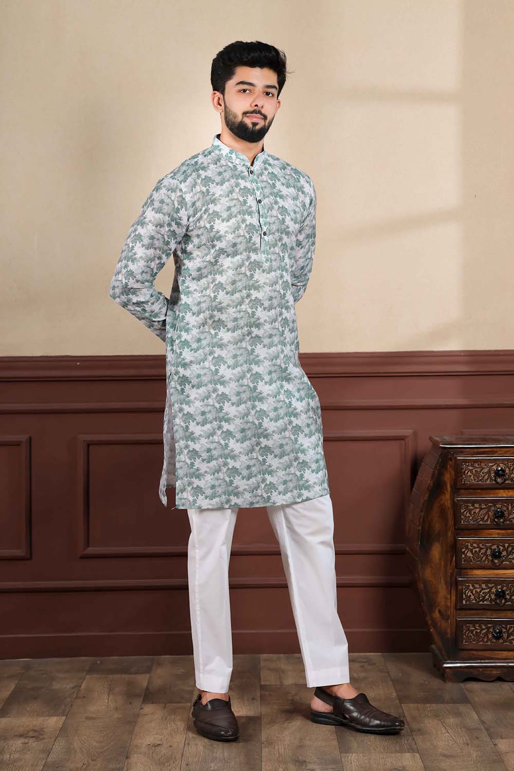 Green Printed Linen Men's Kurta Set