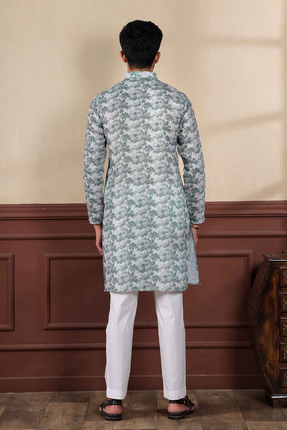 Green Printed Linen Men's Kurta Set