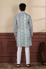 Green Printed Linen Men's Kurta Set