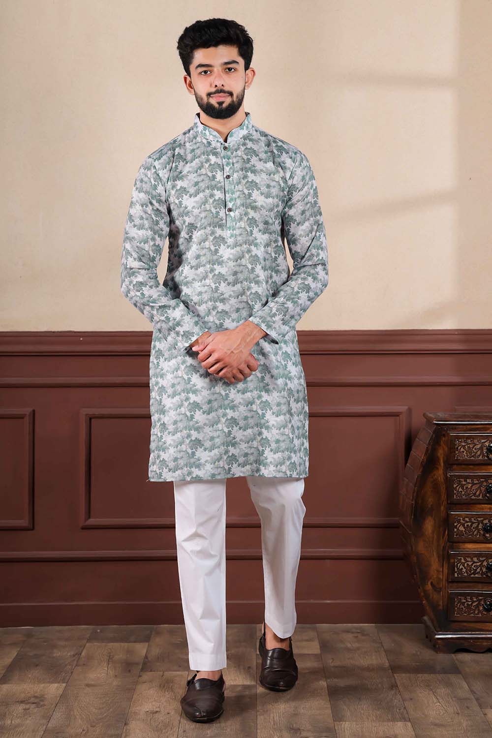 Green Printed Linen Men's Kurta Set