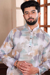 White Printed Linen Men's Kurta Set