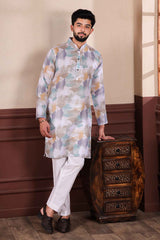 White Printed Linen Men's Kurta Set