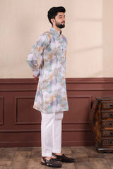 White Printed Linen Men's Kurta Set