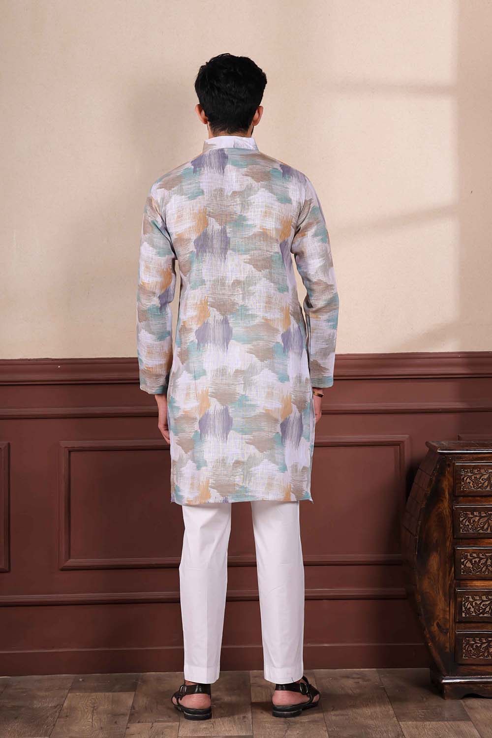 White Printed Linen Men's Kurta Set