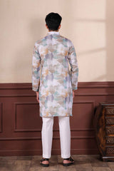 White Printed Linen Men's Kurta Set