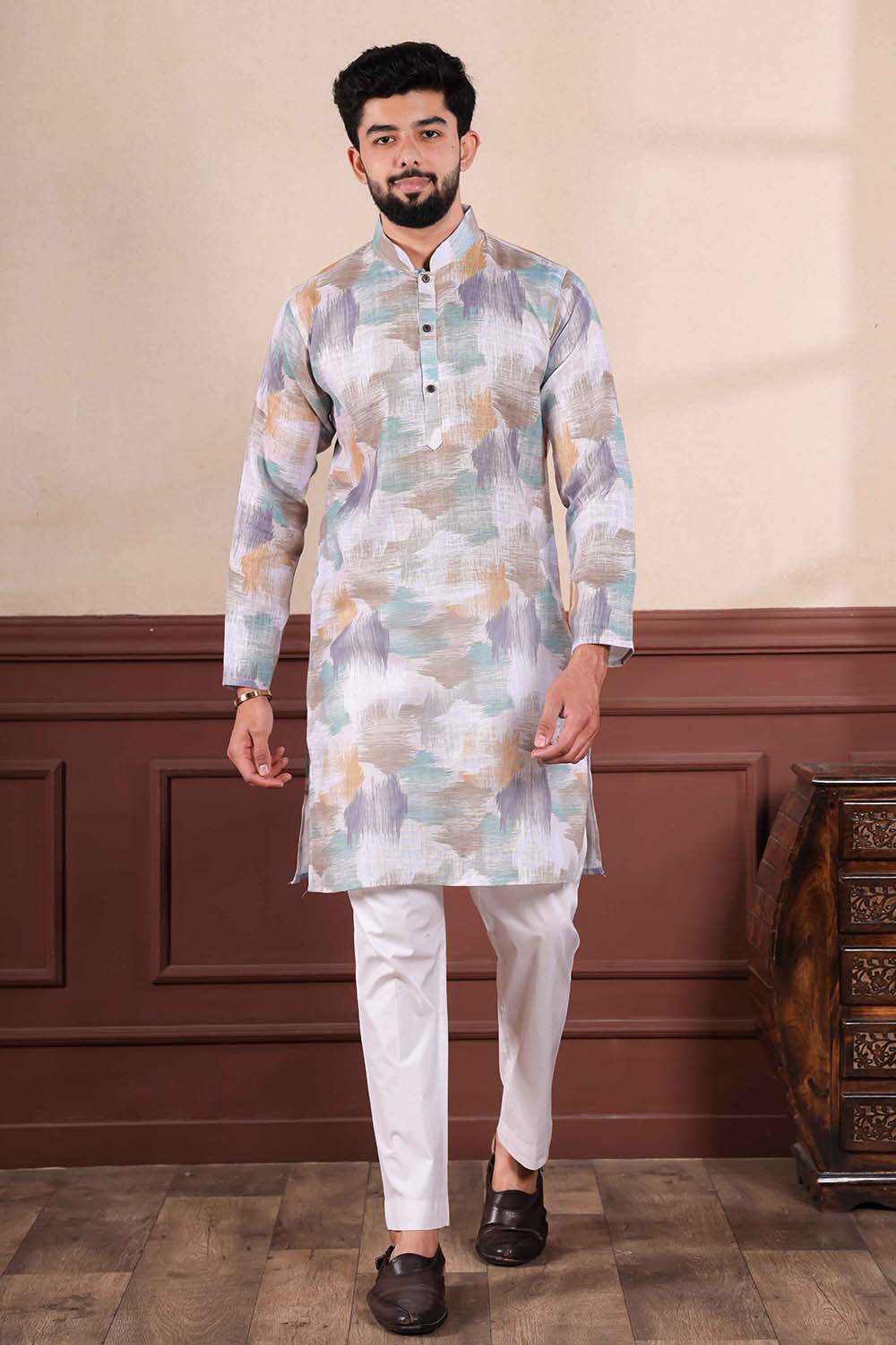 White Printed Linen Men's Kurta Set