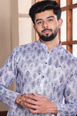 Blue Printed Linen Men's Kurta Set