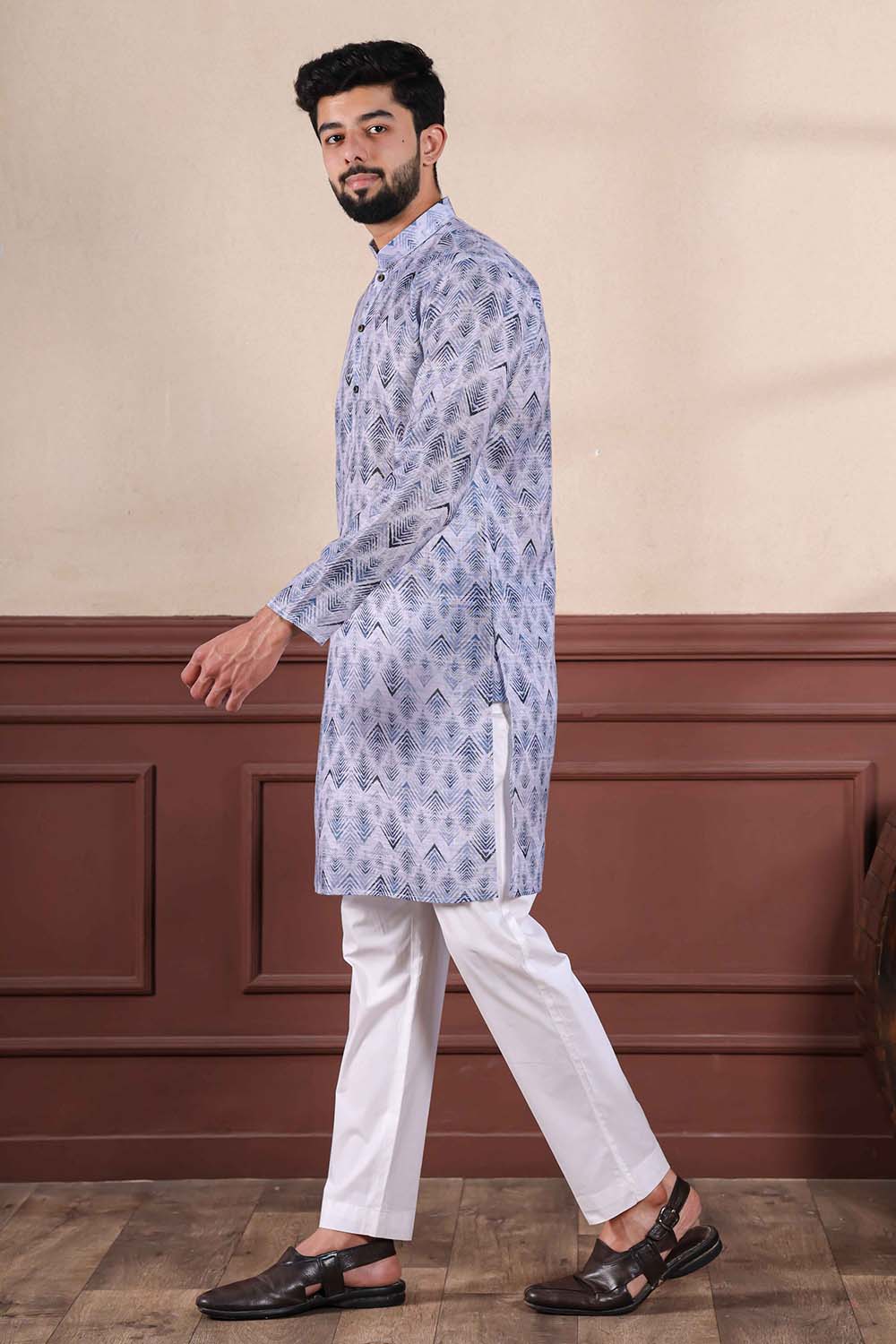 Blue Printed Linen Men's Kurta Set