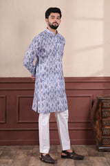 Blue Printed Linen Men's Kurta Set