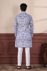 Blue Printed Linen Men's Kurta Set