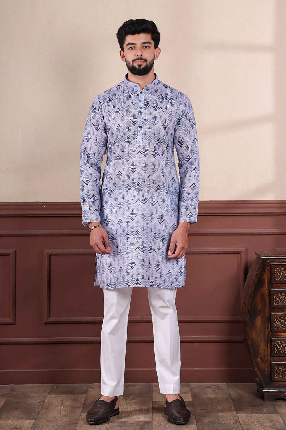 Blue Printed Linen Men's Kurta Set