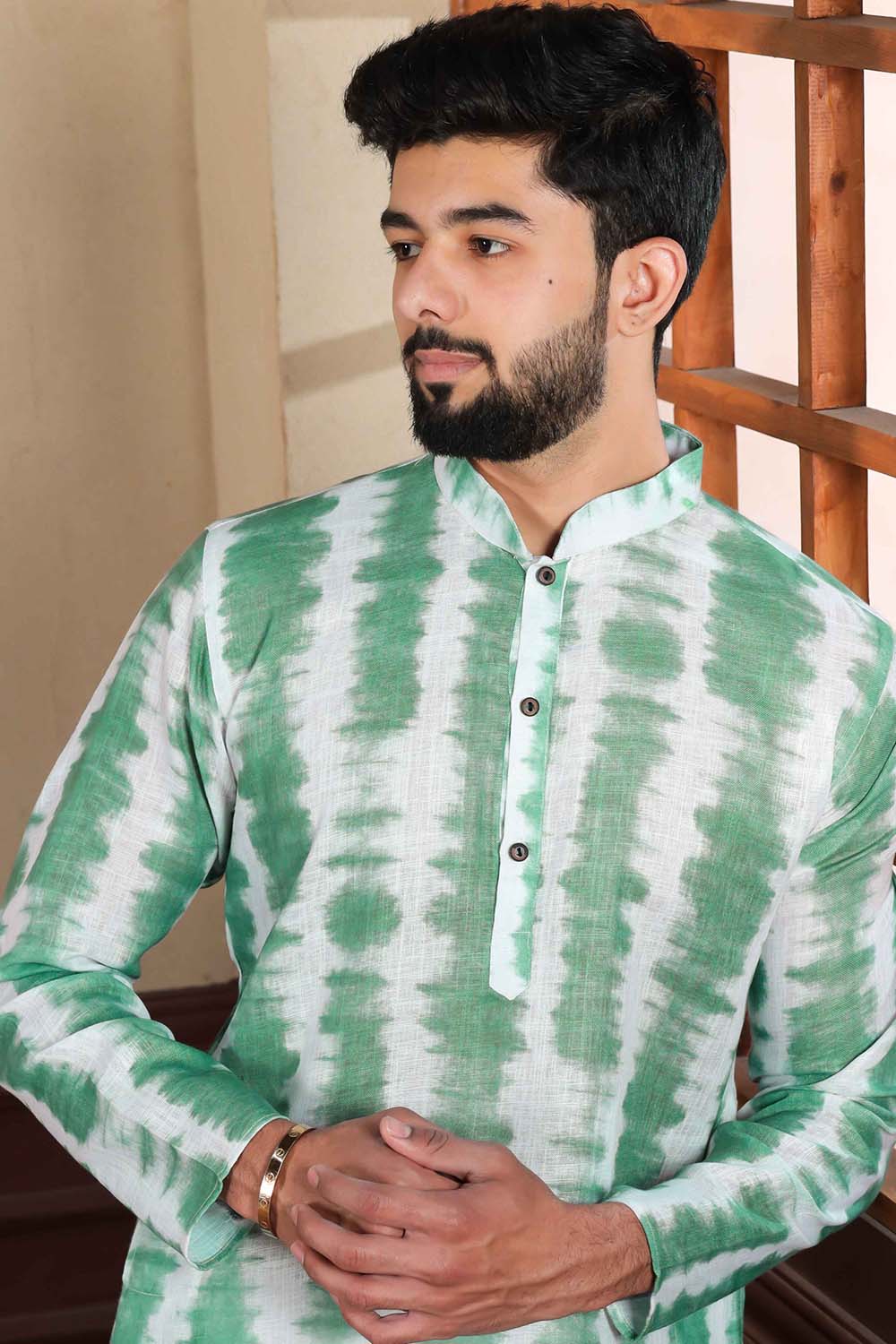 Green Printed Linen Men's Kurta Set