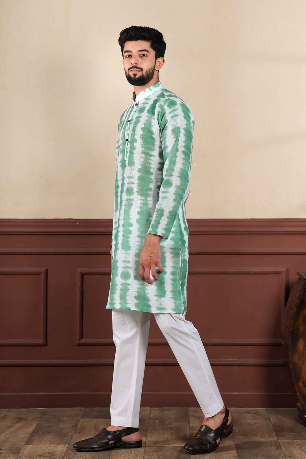 Green Printed Linen Men's Kurta Set