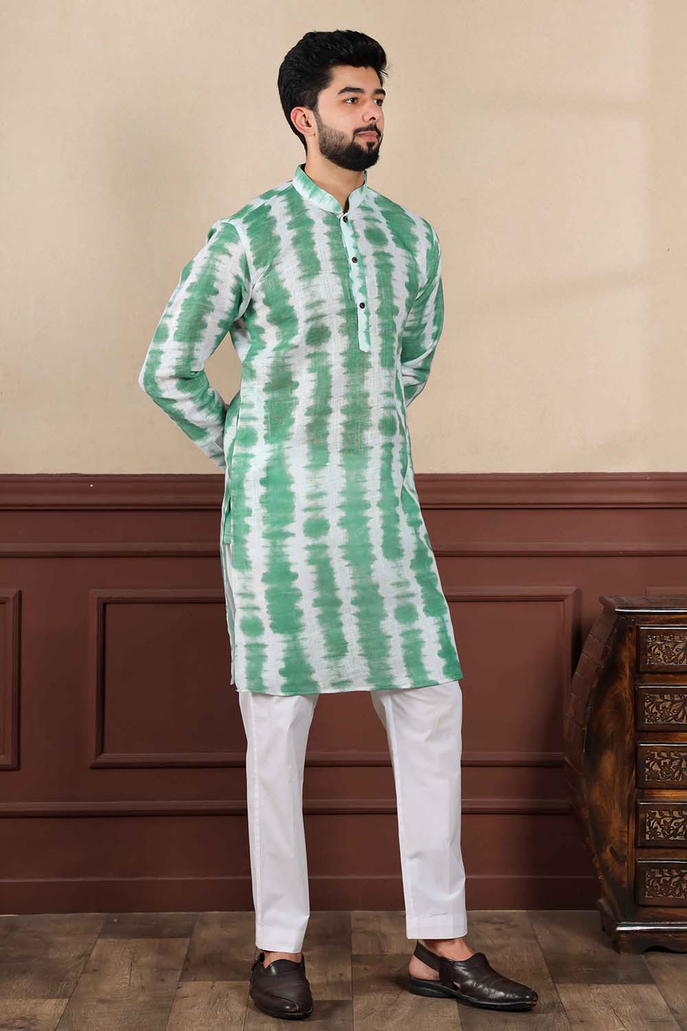 Green Printed Linen Men's Kurta Set