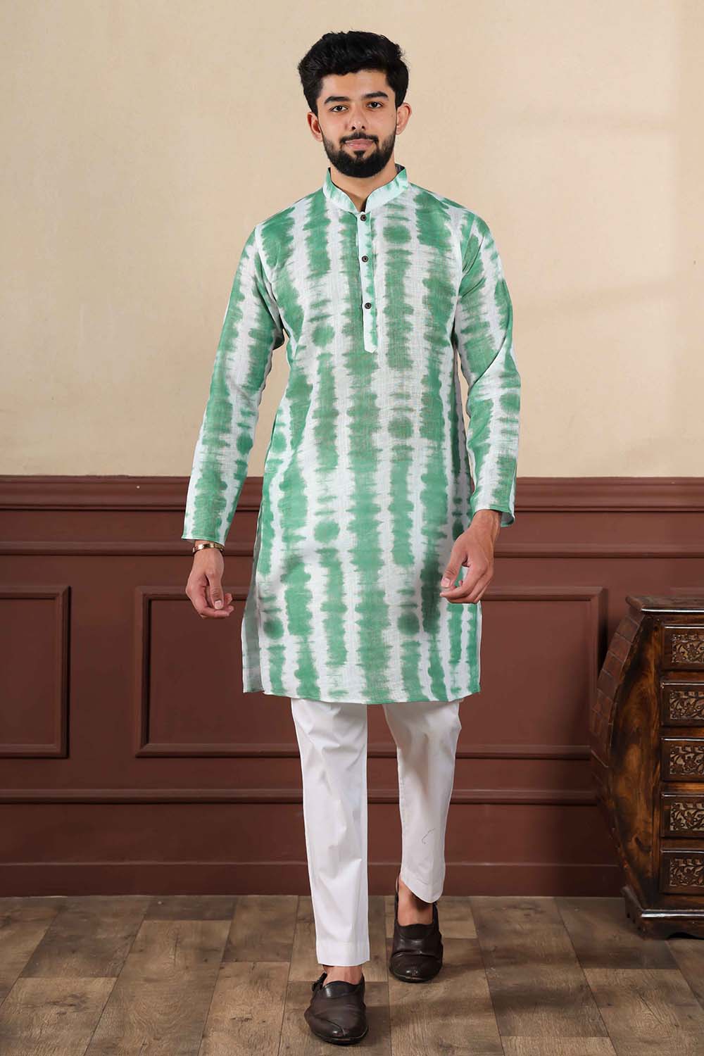 Green Printed Linen Men's Kurta Set