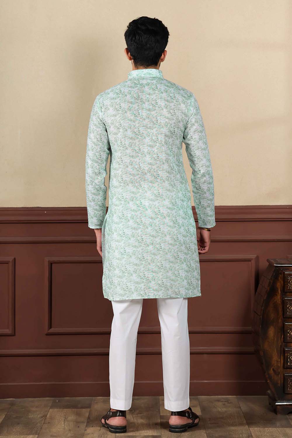 Green Printed Linen Men's Kurta Set