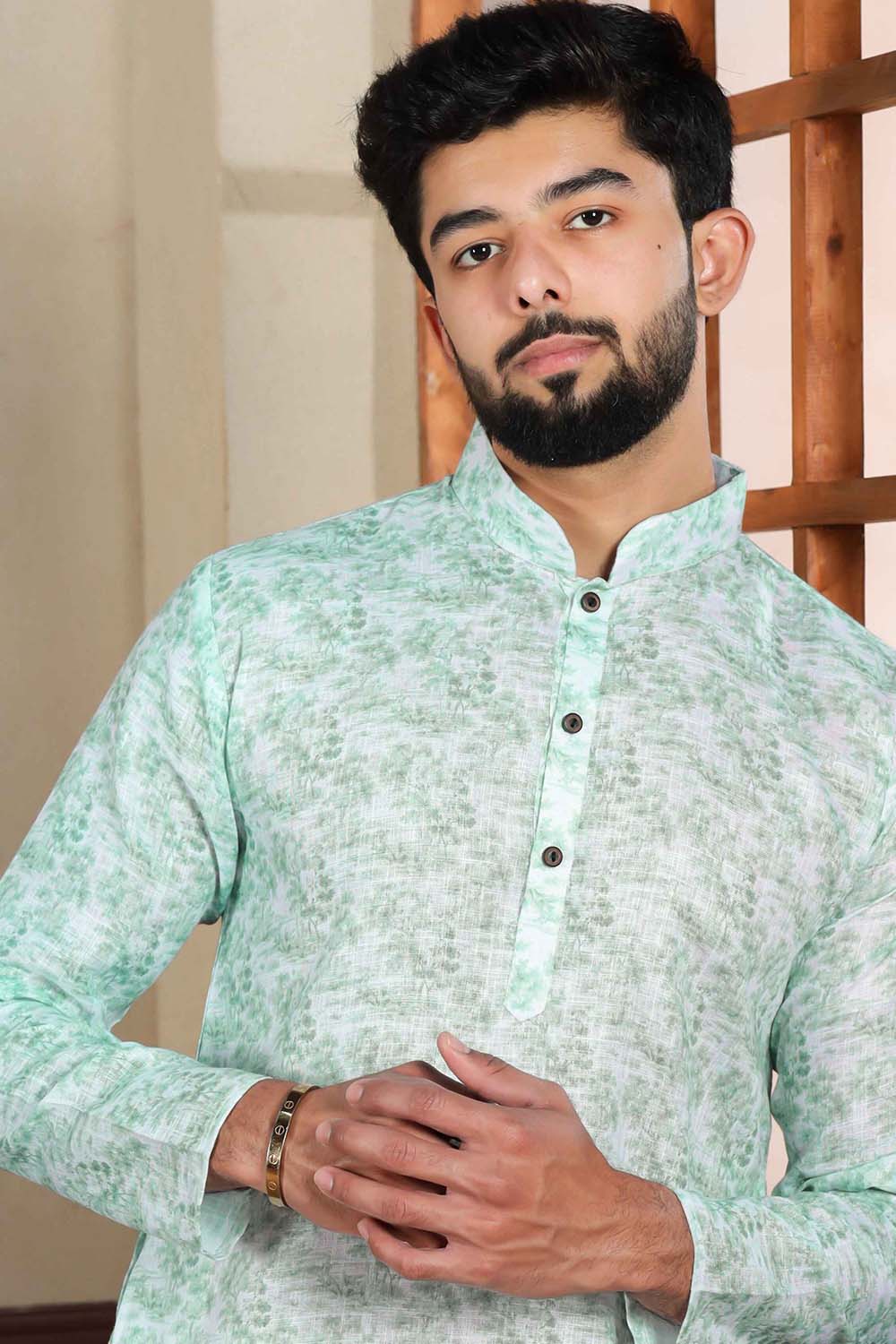 Green Printed Linen Men's Kurta Set