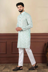 Green Printed Linen Men's Kurta Set