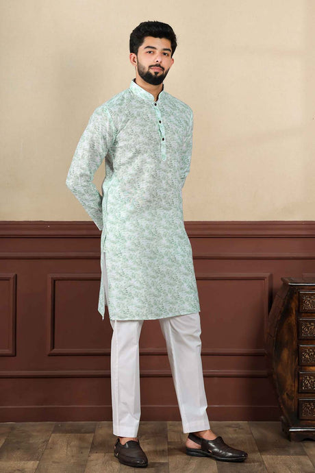 Green Printed Linen Men's Kurta Set