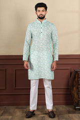 Green Printed Linen Men's Kurta Set