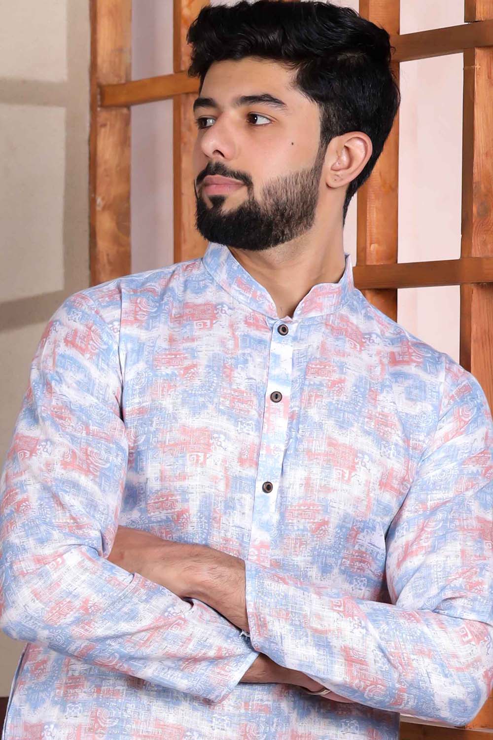 Violet Printed Linen Men's Kurta Set