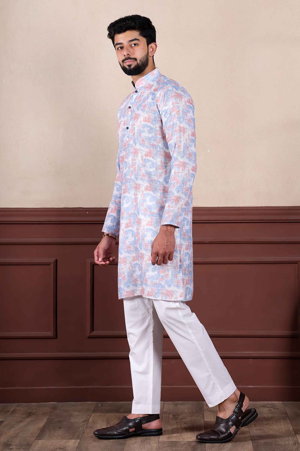 Violet Printed Linen Men's Kurta Set