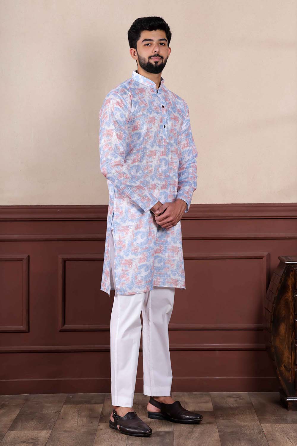 Violet Printed Linen Men's Kurta Set