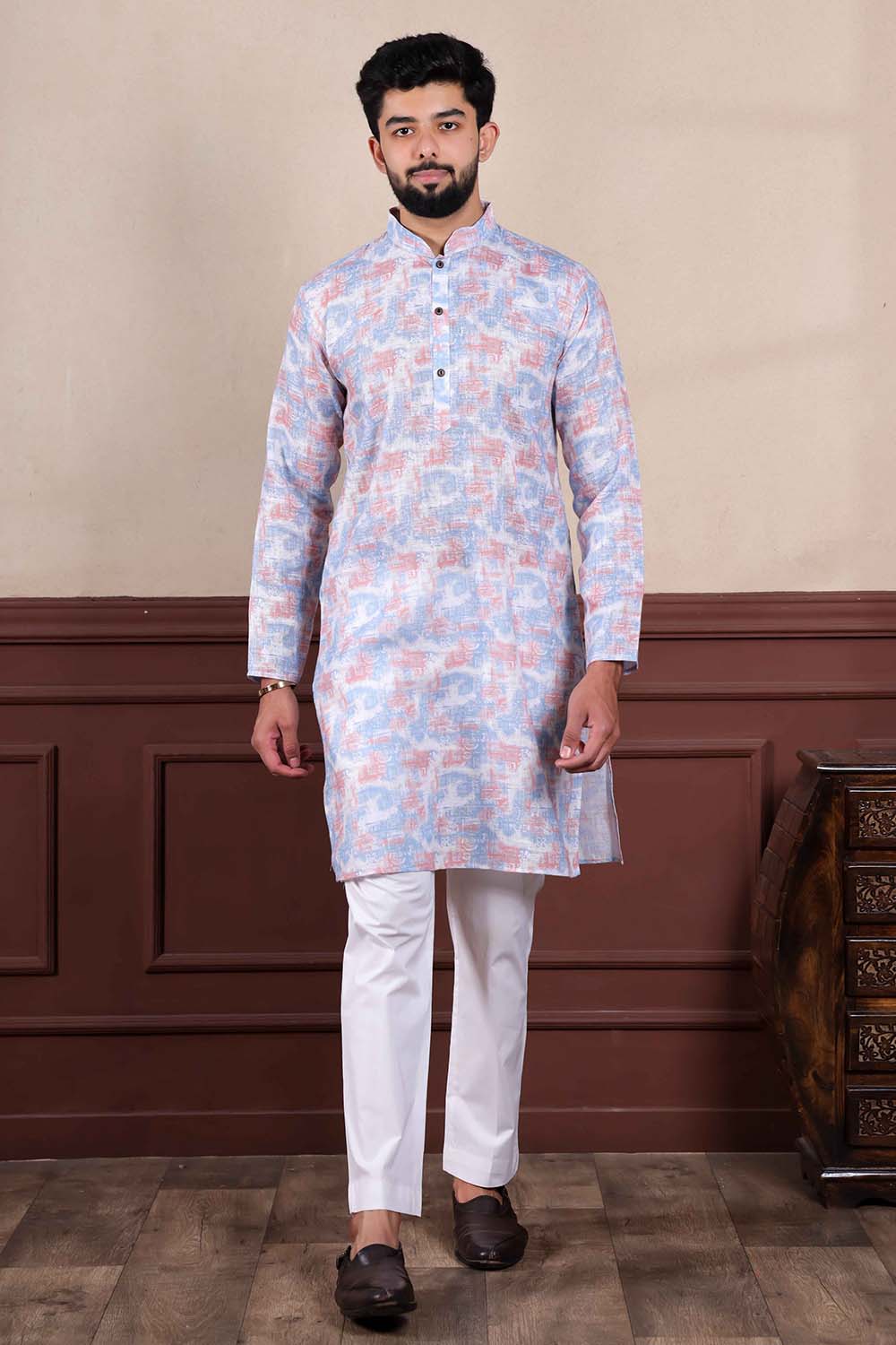 Violet Printed Linen Men's Kurta Set