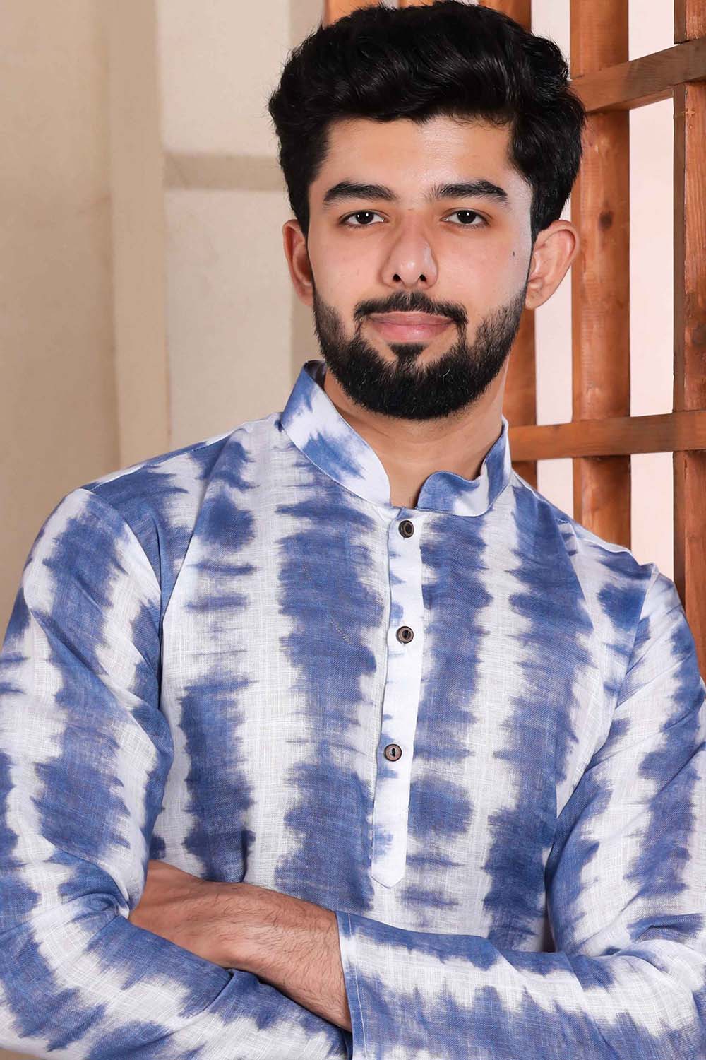 Blue Printed Linen Men's Kurta Set