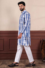 Blue Printed Linen Men's Kurta Set