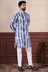 Blue Printed Linen Men's Kurta Set