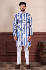 Blue Printed Linen Men's Kurta Set