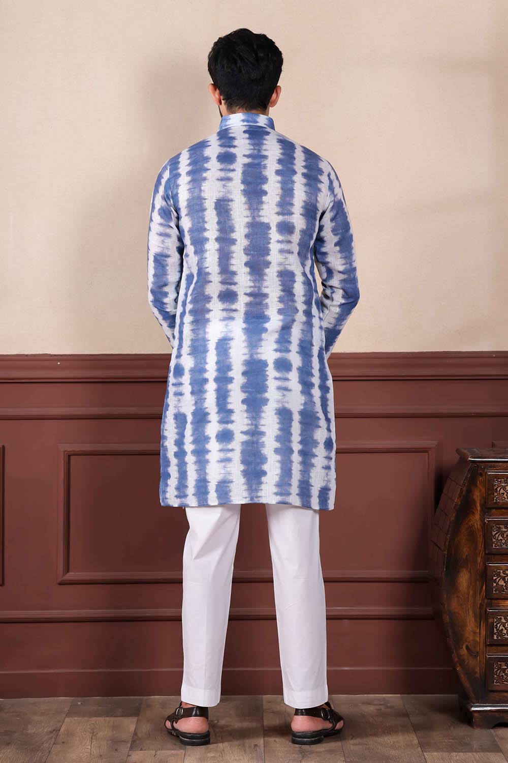 Blue Printed Linen Men's Kurta Set