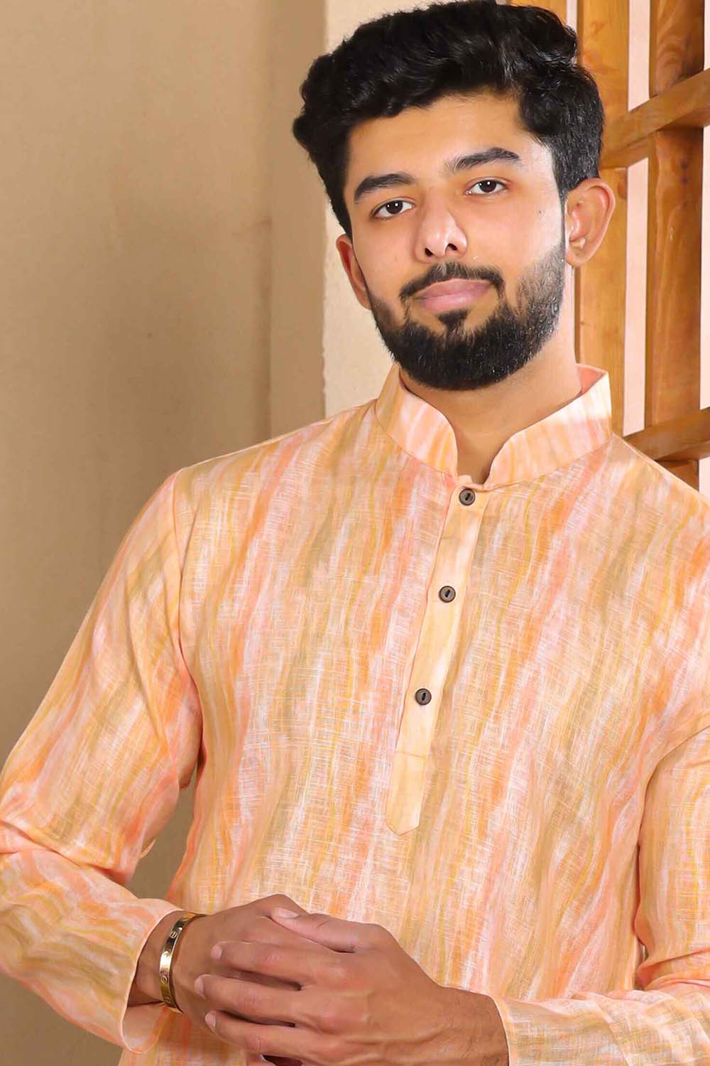 Orange Printed Linen Men's Kurta Set