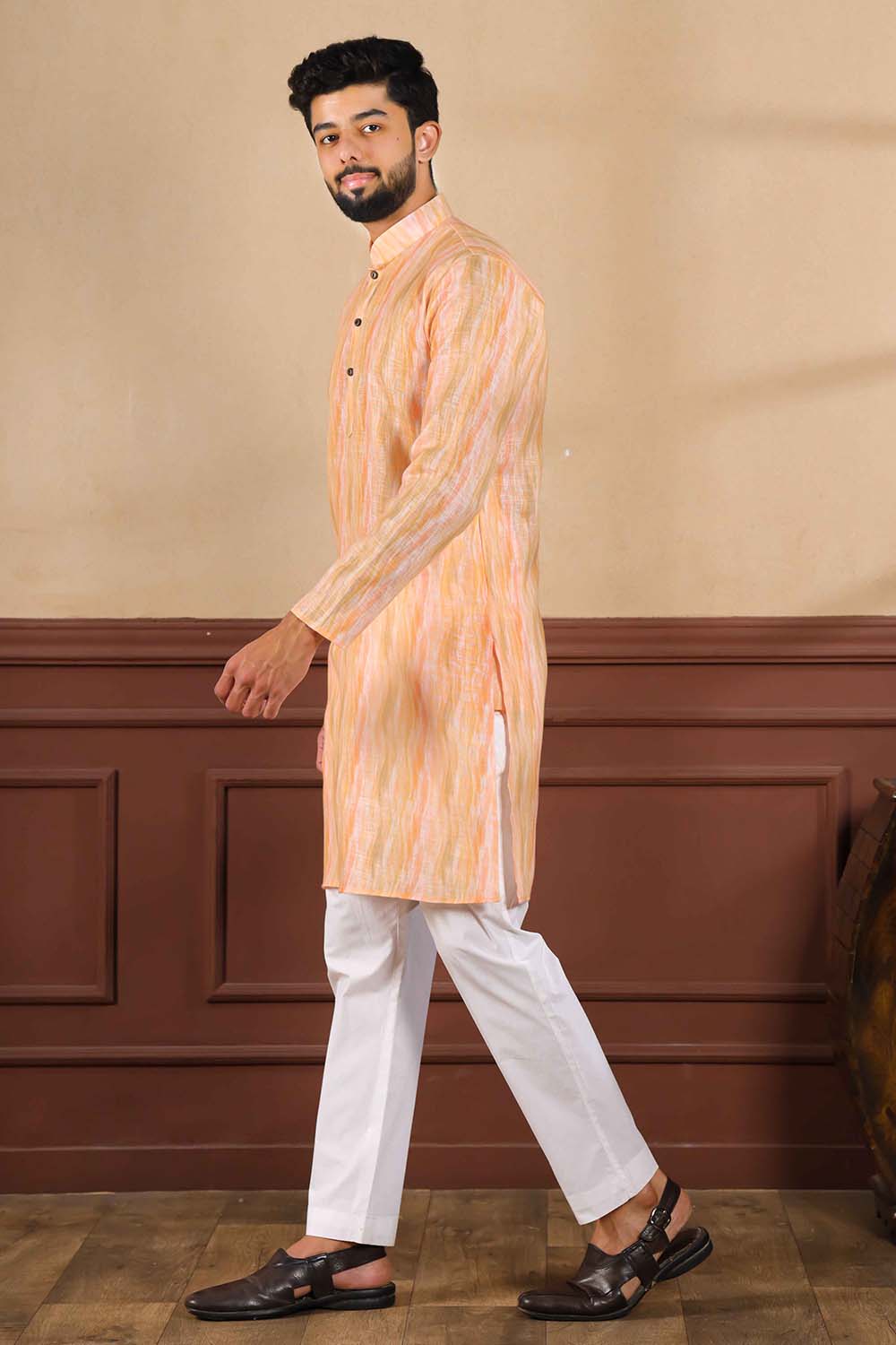 Orange Printed Linen Men's Kurta Set