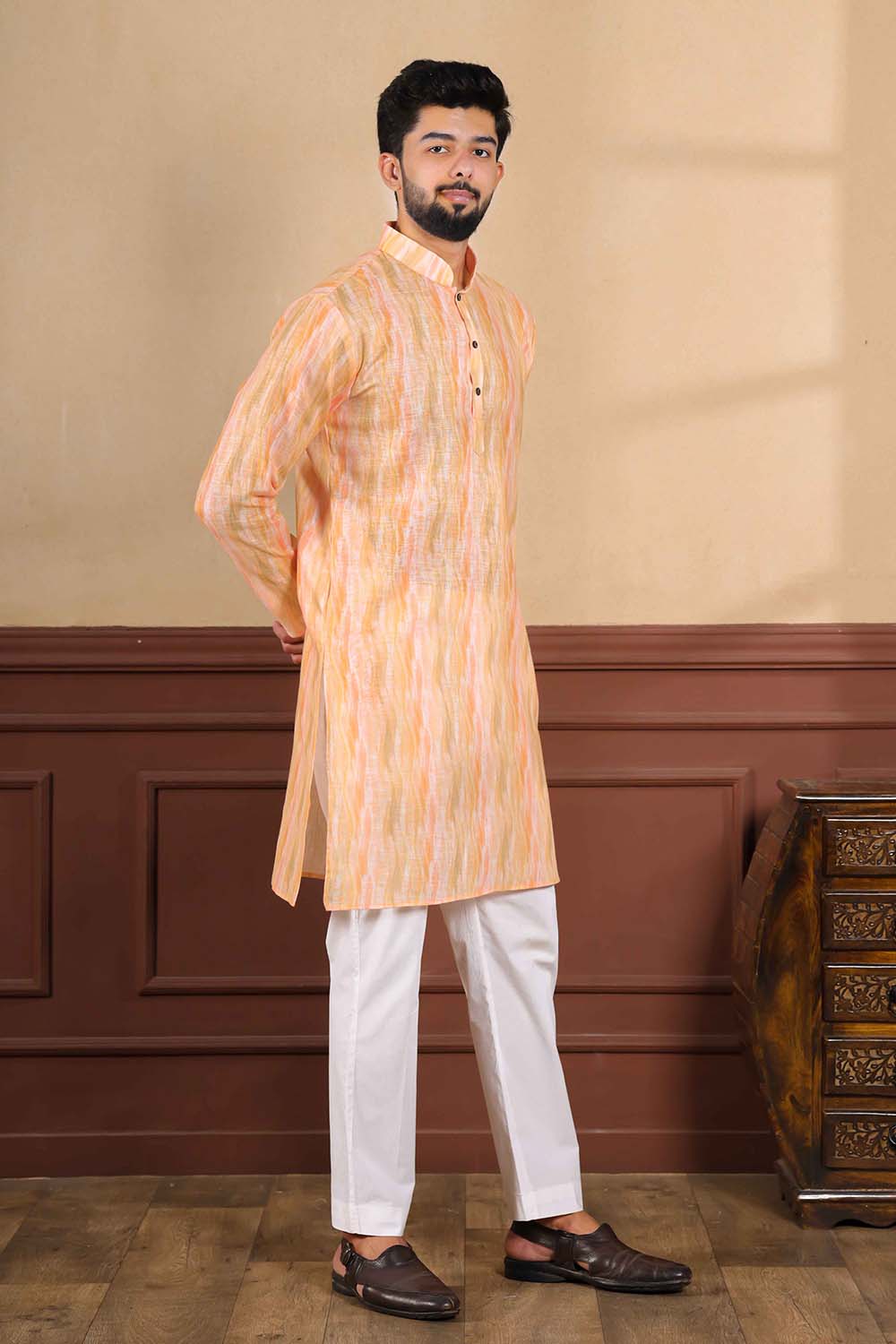 Orange Printed Linen Men's Kurta Set