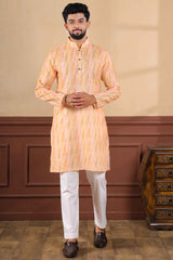 Orange Printed Linen Men's Kurta Set