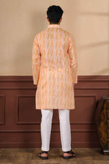 Orange Printed Linen Men's Kurta Set