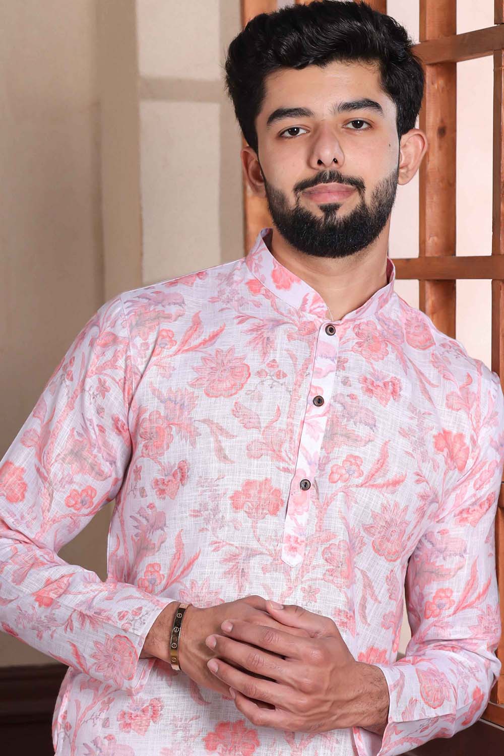 Pink Printed Linen Men's Kurta Set