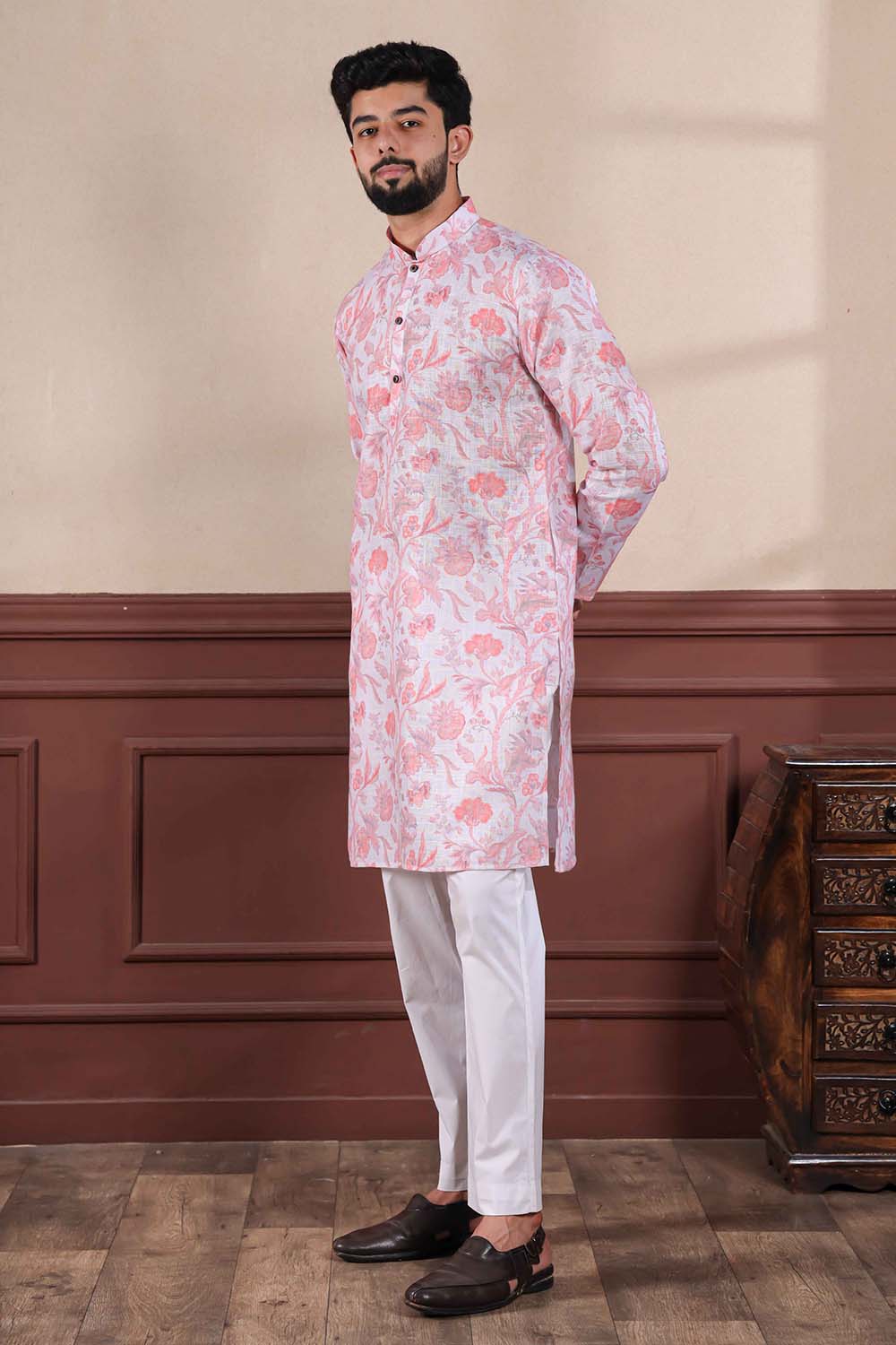 Pink Printed Linen Men's Kurta Set